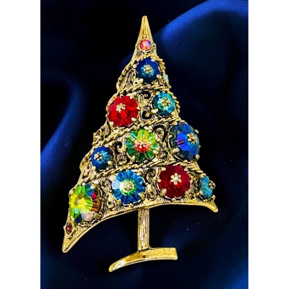 Vintage Weiss Christmas Tree Sugarplum Brooch Colored Rhinestones Gold Tone READ
